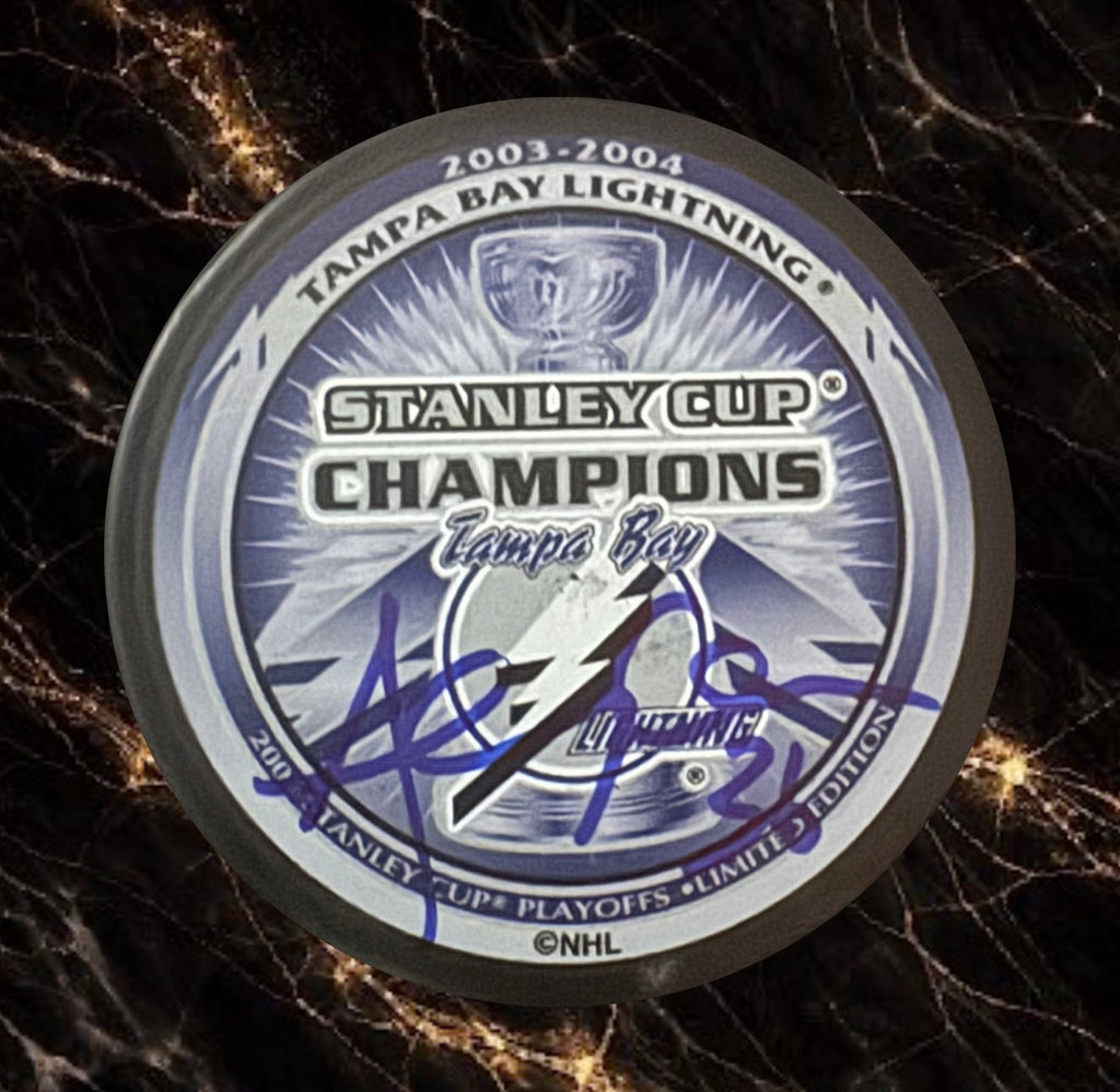 André Roy pre-order: Autographed Montreal Tampa Bay Lightning Stanley Cup 2003-04 puck
