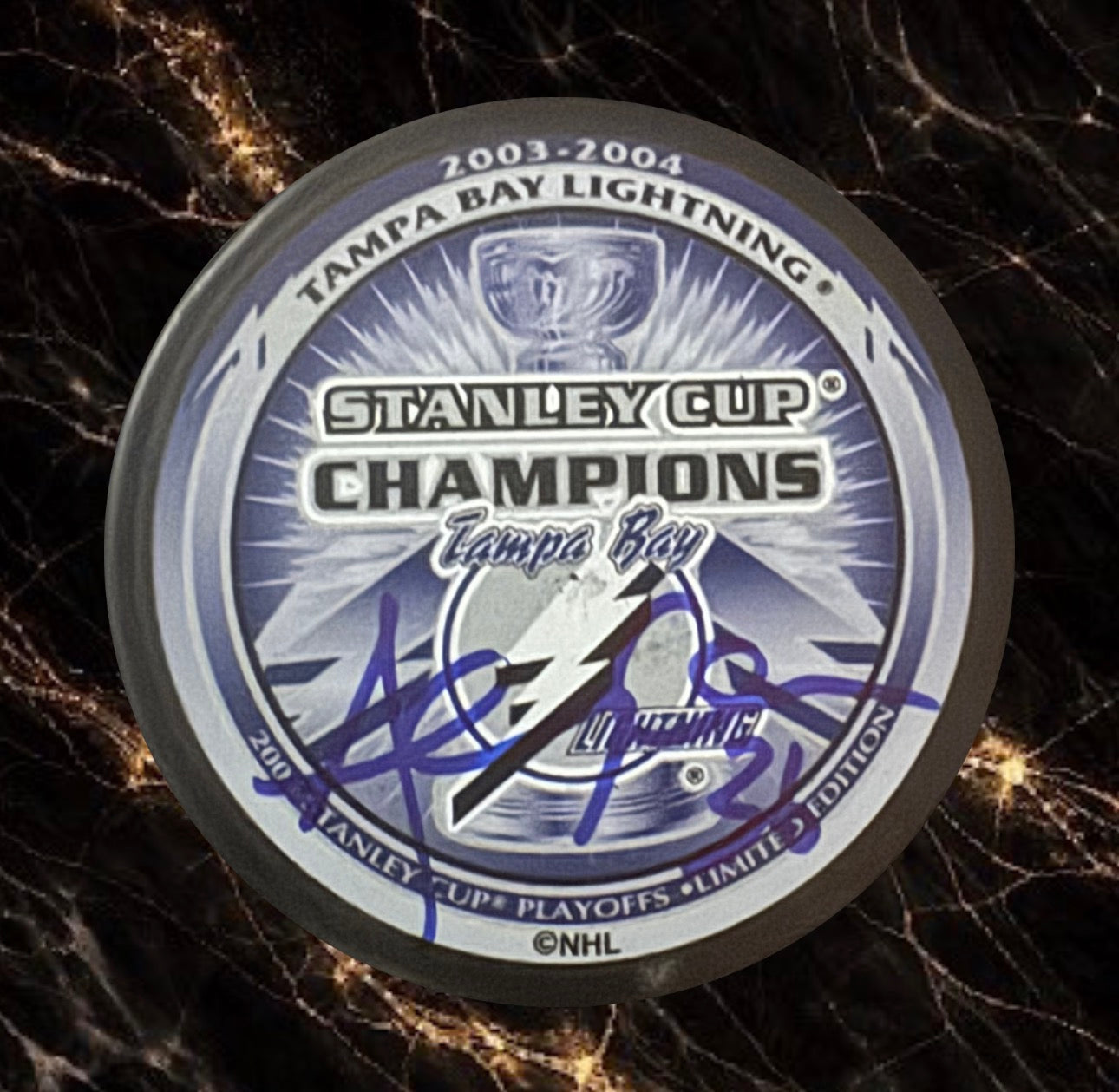 André Roy pre-order: Autographed Montreal Tampa Bay Lightning Stanley Cup 2003-04 puck