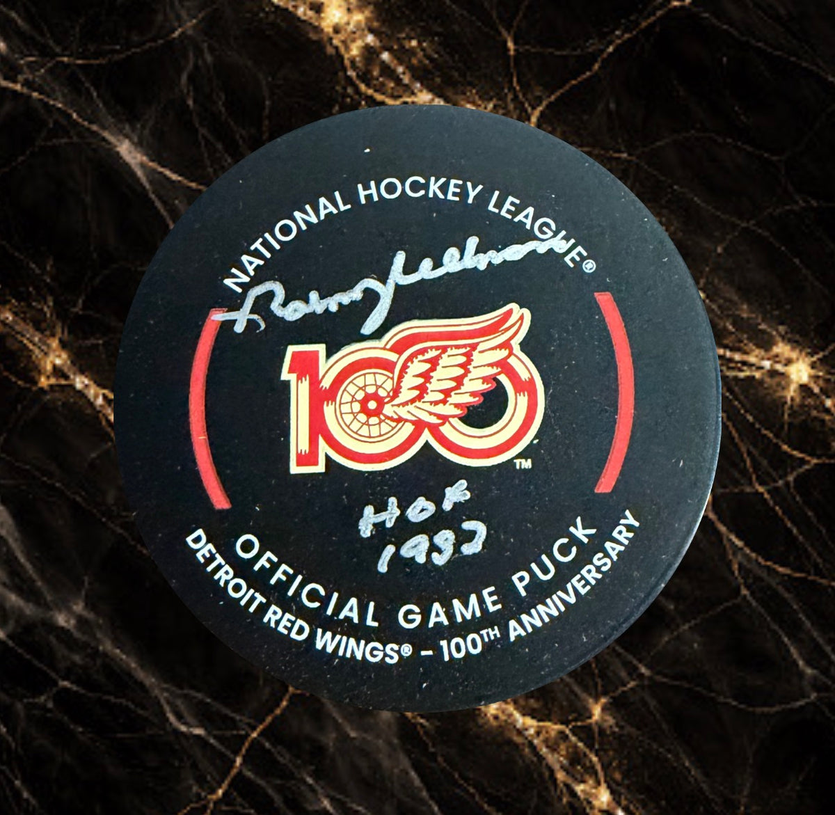 Norm Ullman: Autographed official game puck centennial Detroit Red Wings 