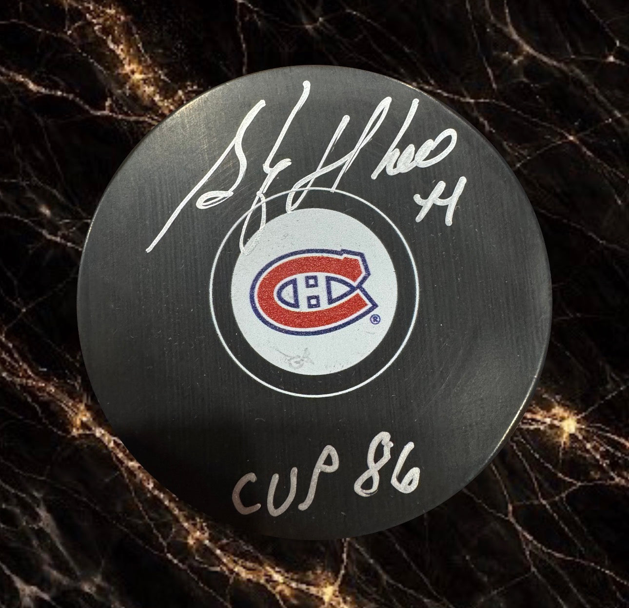 Stéphane Richer: Rondelle autographiée Canadiens de Montréal avec inscription Cup86