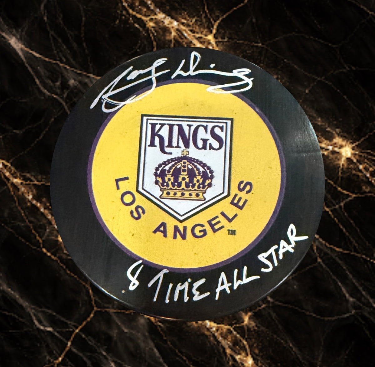 Marcel Dionne: Rondelle autographiée Kings de Los-Angeles Vieux Logo