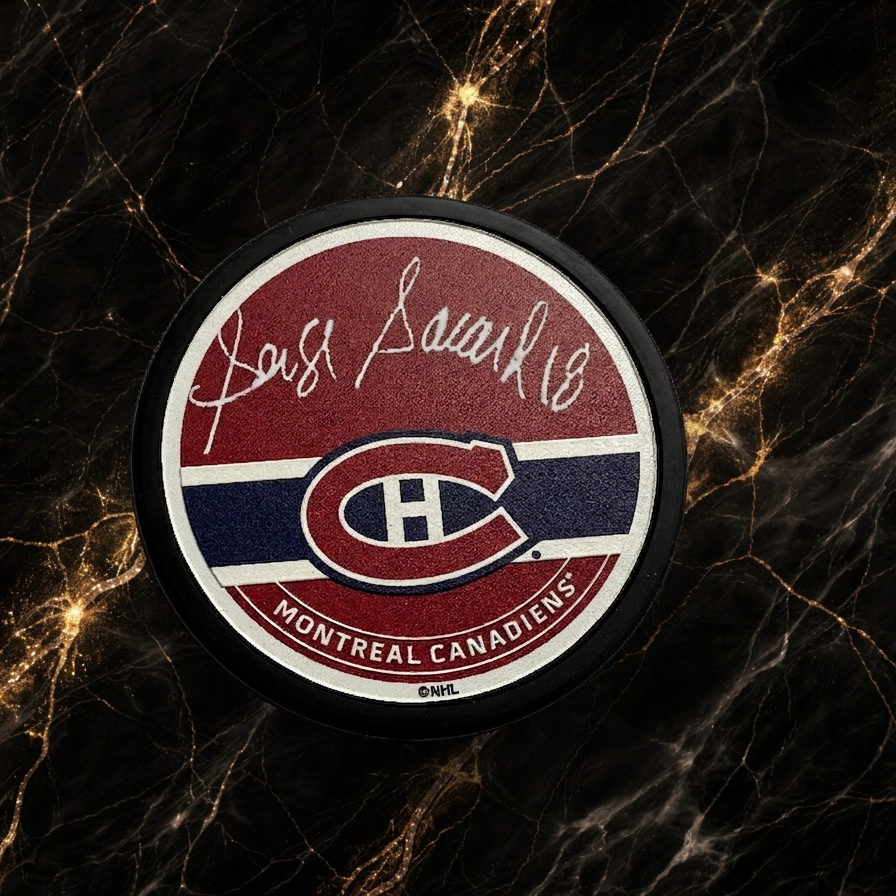 Rondelle autographiée de Serge Savard Rouge