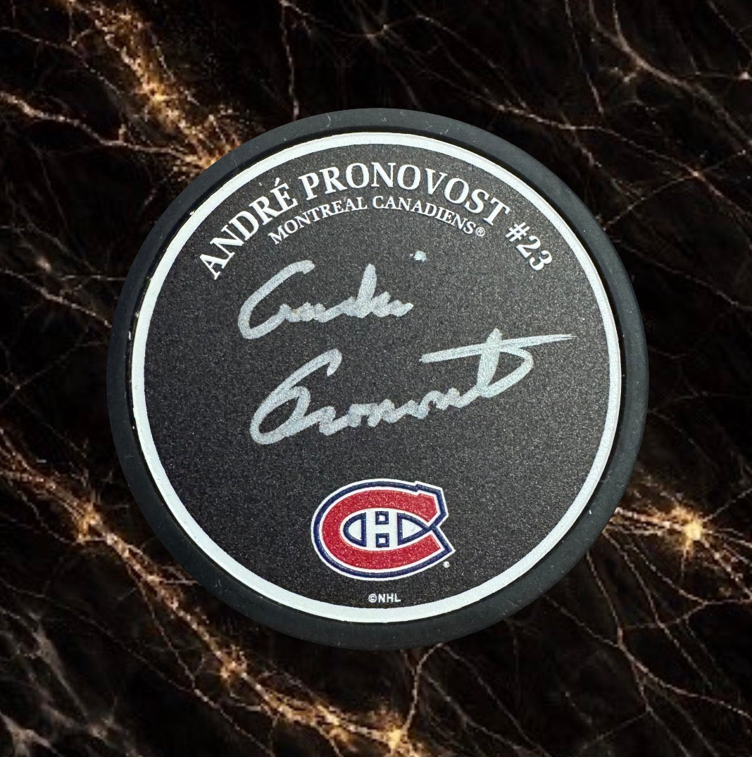 Rondelle autographiée par André Pronovost Canadiens de Montréal Exclusif name puck noir