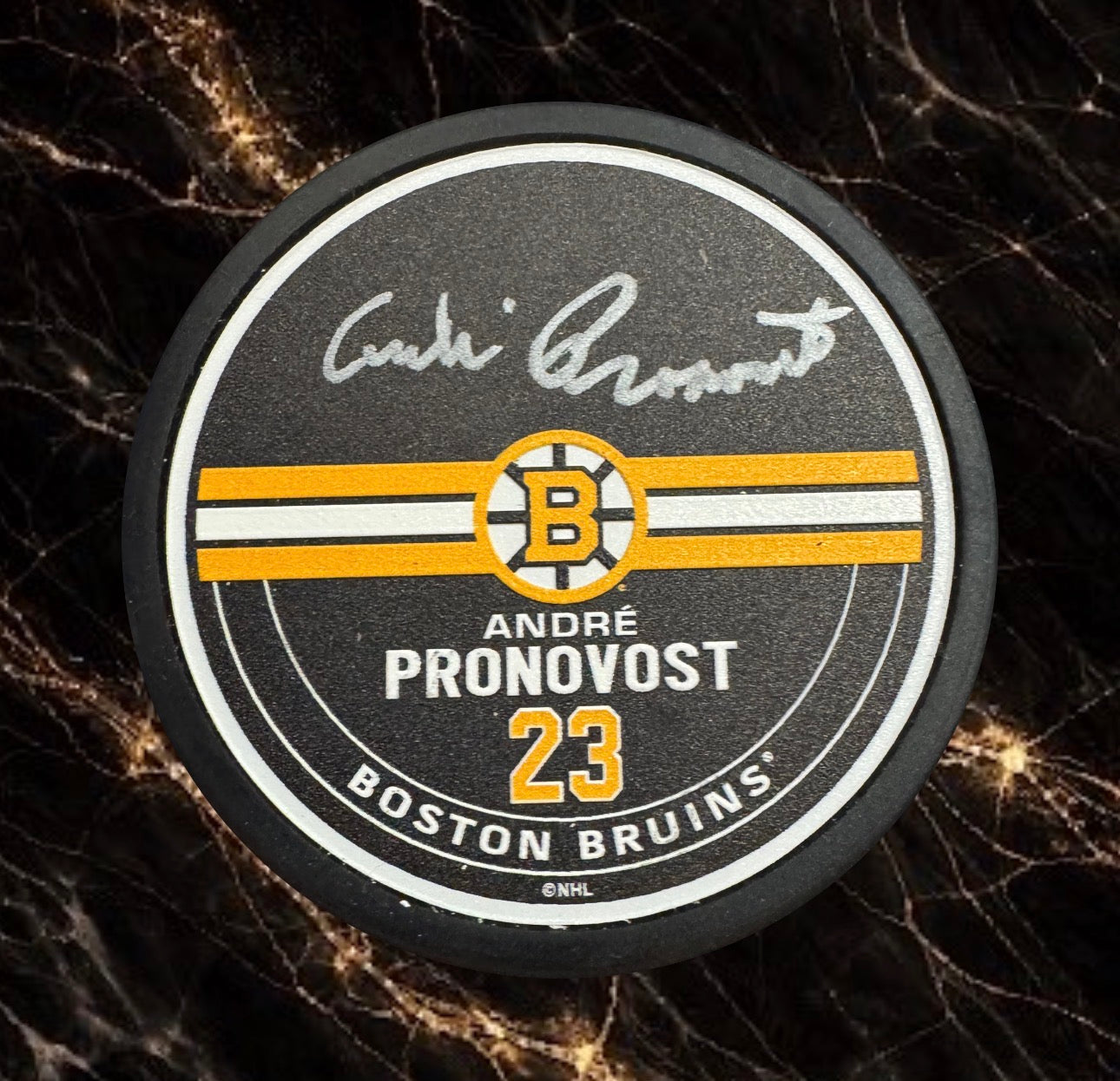 Rondelle autographiée par André Pronovost Bruins de Boston Exclusif name puck