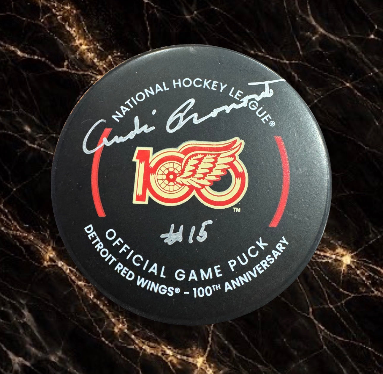 Rondelle officielle de match autographiée par André Pronovost Red Wings de Detroit
