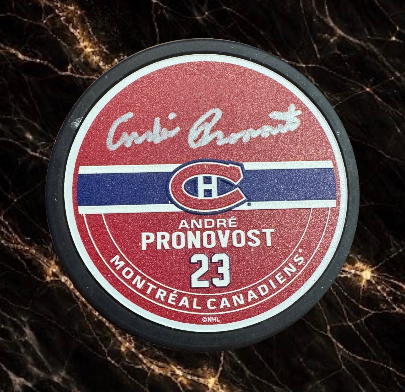 Rondelle autographiée par André Pronovost Canadiens de Montréal Exclusif name puck