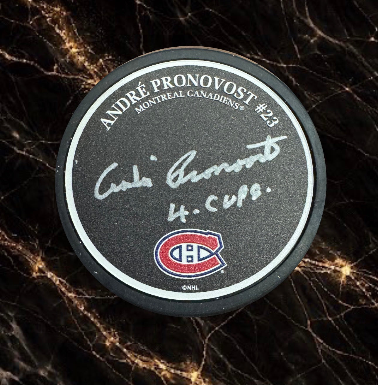 Rondelle autographiée par André Pronovost Canadiens de Montréal Exclusif name puck noir